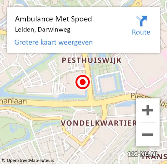 Locatie op kaart van de 112 melding: Ambulance Met Spoed Naar Leiden, Darwinweg op 2 augustus 2023 16:12