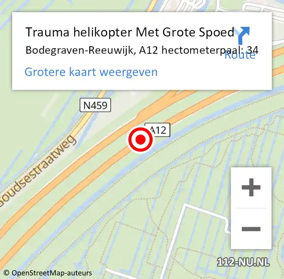 Locatie op kaart van de 112 melding: Trauma helikopter Met Grote Spoed Naar Bodegraven-Reeuwijk, A12 hectometerpaal: 34 op 3 augustus 2023 11:19