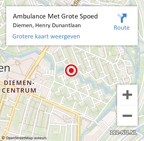 Locatie op kaart van de 112 melding: Ambulance Met Grote Spoed Naar Diemen, Henry Dunantlaan op 4 augustus 2023 08:03