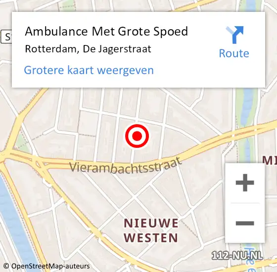 Locatie op kaart van de 112 melding: Ambulance Met Grote Spoed Naar Rotterdam, De Jagerstraat op 4 augustus 2023 16:03