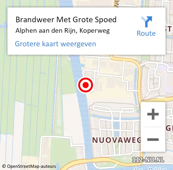 Locatie op kaart van de 112 melding: Brandweer Met Grote Spoed Naar Alphen aan den Rijn, Koperweg op 4 augustus 2023 19:20