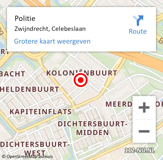 Locatie op kaart van de 112 melding: Politie Zwijndrecht, Celebeslaan op 5 augustus 2023 03:22