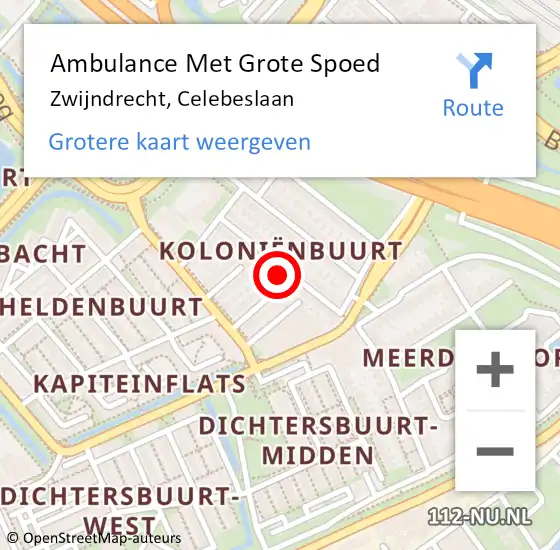 Locatie op kaart van de 112 melding: Ambulance Met Grote Spoed Naar Zwijndrecht, Celebeslaan op 5 augustus 2023 03:29