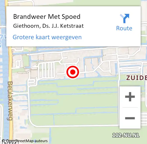 Locatie op kaart van de 112 melding: Brandweer Met Spoed Naar Giethoorn, Ds. J.J. Ketstraat op 5 augustus 2023 09:32