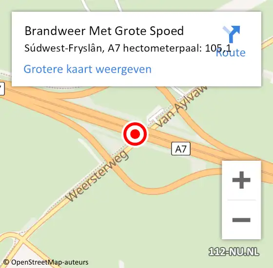 Locatie op kaart van de 112 melding: Brandweer Met Grote Spoed Naar Súdwest-Fryslân, A7 hectometerpaal: 105,1 op 5 augustus 2023 13:40