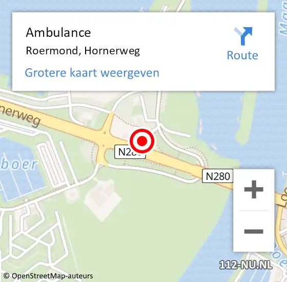 Locatie op kaart van de 112 melding: Ambulance Roermond, Hornerweg op 5 augustus 2023 13:44