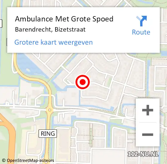 Locatie op kaart van de 112 melding: Ambulance Met Grote Spoed Naar Barendrecht, Bizetstraat op 6 augustus 2023 01:41