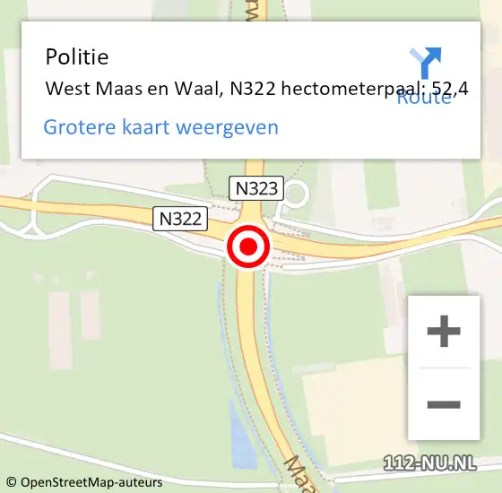 Locatie op kaart van de 112 melding: Politie West Maas en Waal, N322 hectometerpaal: 52,4 op 6 augustus 2023 22:08