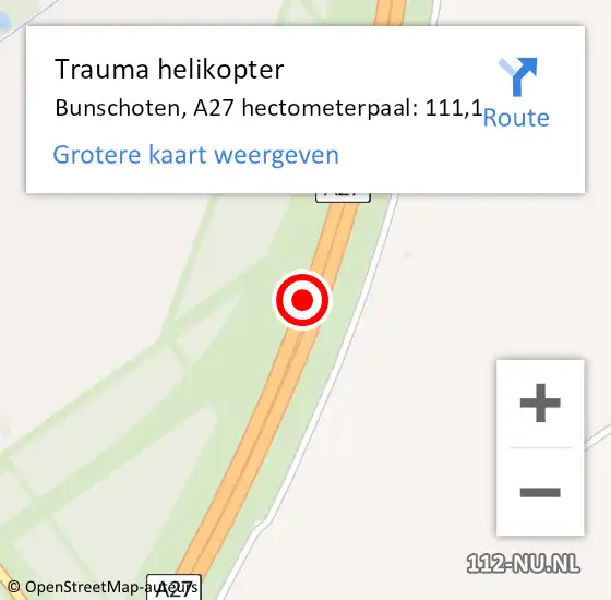 Locatie op kaart van de 112 melding: Trauma helikopter Bunschoten, A27 hectometerpaal: 111,1 op 7 augustus 2023 02:24