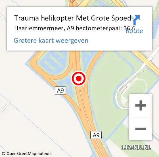 Locatie op kaart van de 112 melding: Trauma helikopter Met Grote Spoed Naar Haarlemmermeer, A9 hectometerpaal: 36,6 op 7 augustus 2023 05:09