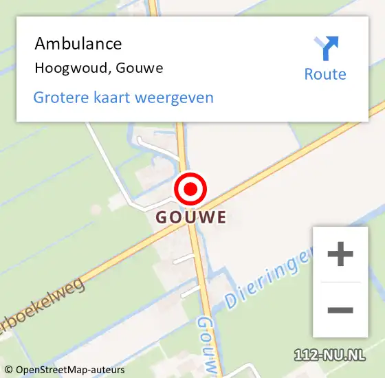 Locatie op kaart van de 112 melding: Ambulance Hoogwoud, Gouwe op 7 augustus 2023 05:29