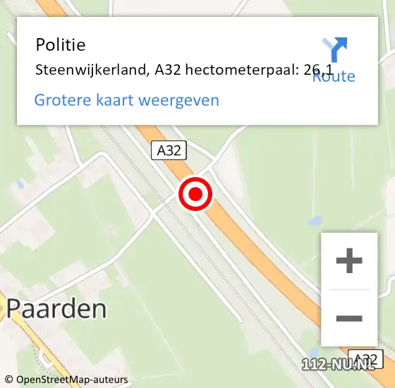 Locatie op kaart van de 112 melding: Politie Steenwijkerland, A32 hectometerpaal: 26,1 op 7 augustus 2023 07:48