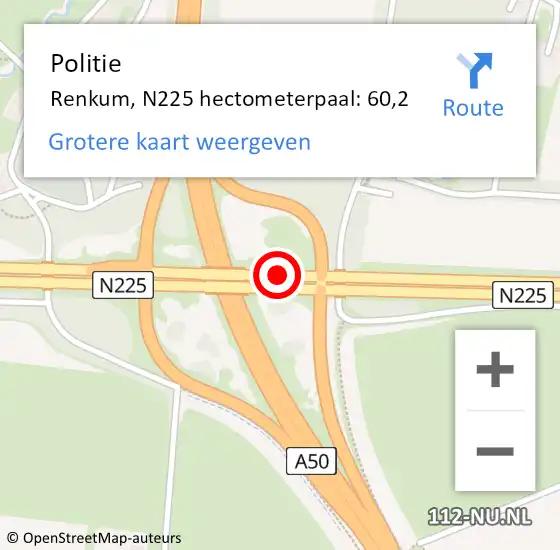 Locatie op kaart van de 112 melding: Politie Renkum, N225 hectometerpaal: 60,2 op 7 augustus 2023 15:23