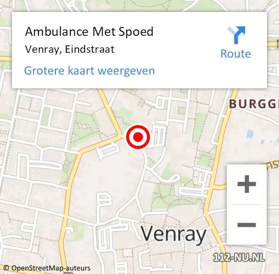 Locatie op kaart van de 112 melding: Ambulance Met Spoed Naar Venray, Eindstraat op 7 augustus 2023 22:00