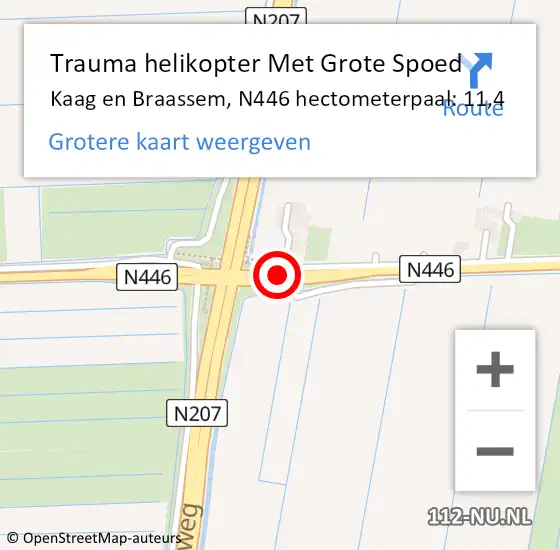 Locatie op kaart van de 112 melding: Trauma helikopter Met Grote Spoed Naar Kaag en Braassem, N446 hectometerpaal: 11,4 op 7 augustus 2023 22:16