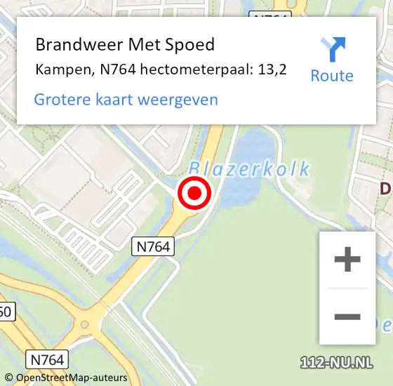Locatie op kaart van de 112 melding: Brandweer Met Spoed Naar Kampen, N764 hectometerpaal: 13,2 op 8 augustus 2023 14:43