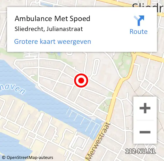 Locatie op kaart van de 112 melding: Ambulance Met Spoed Naar Sliedrecht, Julianastraat op 9 augustus 2023 10:26