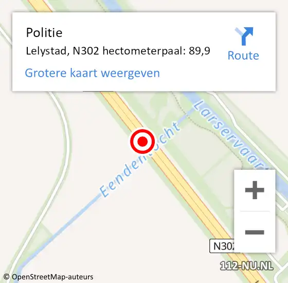 Locatie op kaart van de 112 melding: Politie Lelystad, N302 hectometerpaal: 89,9 op 9 augustus 2023 11:36