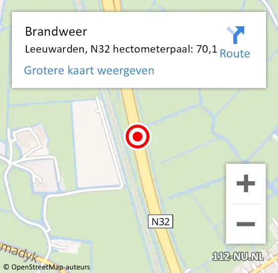 Locatie op kaart van de 112 melding: Brandweer Leeuwarden, N32 hectometerpaal: 70,1 op 9 augustus 2023 14:33