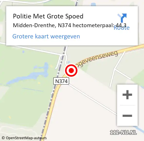Locatie op kaart van de 112 melding: Politie Met Grote Spoed Naar Midden-Drenthe, N374 hectometerpaal: 44,3 op 9 augustus 2023 15:00
