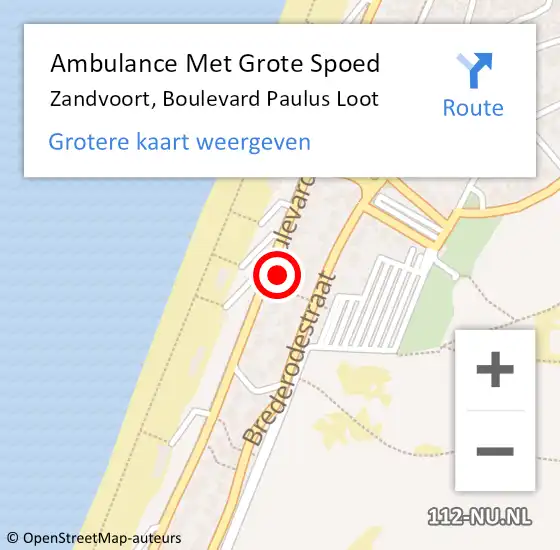 Locatie op kaart van de 112 melding: Ambulance Met Grote Spoed Naar Zandvoort, Boulevard Paulus Loot op 9 augustus 2023 20:18