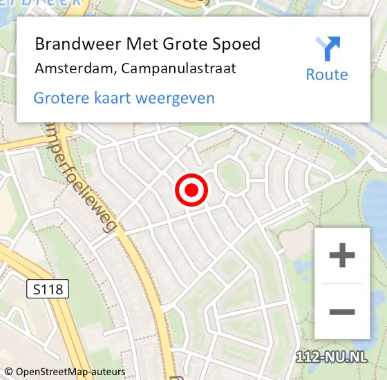 Locatie op kaart van de 112 melding: Brandweer Met Grote Spoed Naar Amsterdam, Campanulastraat op 10 augustus 2023 08:01