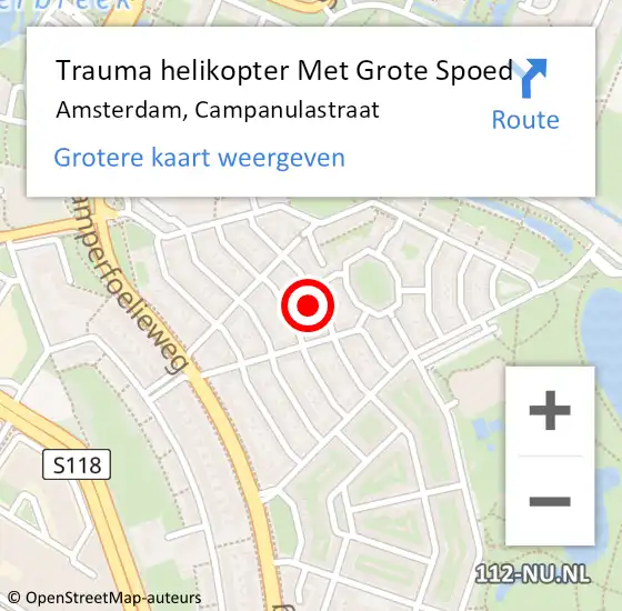 Locatie op kaart van de 112 melding: Trauma helikopter Met Grote Spoed Naar Amsterdam, Campanulastraat op 10 augustus 2023 08:11