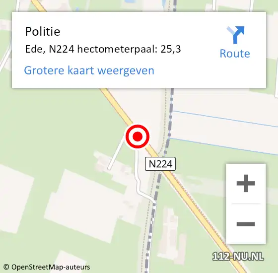 Locatie op kaart van de 112 melding: Politie Ede, N224 hectometerpaal: 25,3 op 10 augustus 2023 09:01