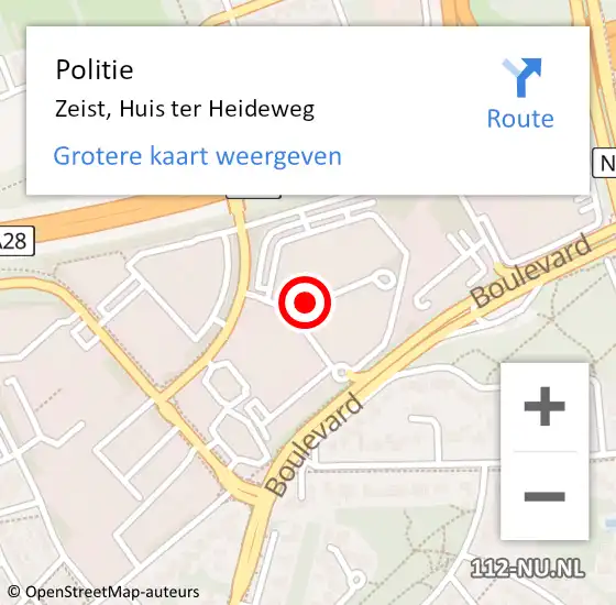 Locatie op kaart van de 112 melding: Politie Zeist, Huis ter Heideweg op 10 augustus 2023 13:27