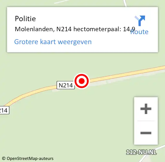 Locatie op kaart van de 112 melding: Politie Molenlanden, N214 hectometerpaal: 14,9 op 10 augustus 2023 19:01