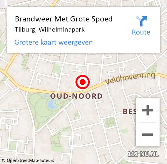 Locatie op kaart van de 112 melding: Brandweer Met Grote Spoed Naar Tilburg, Wilhelminapark op 10 augustus 2023 22:03