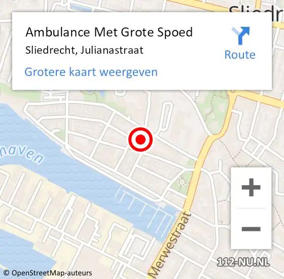 Locatie op kaart van de 112 melding: Ambulance Met Grote Spoed Naar Sliedrecht, Julianastraat op 10 augustus 2023 23:34