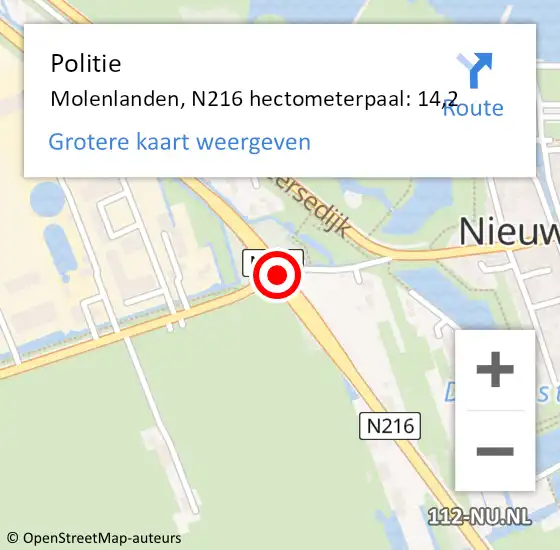 Locatie op kaart van de 112 melding: Politie Molenlanden, N216 hectometerpaal: 14,2 op 11 augustus 2023 15:07