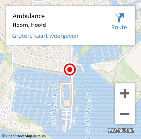 Locatie op kaart van de 112 melding: Ambulance Hoorn, Hoofd op 11 augustus 2023 15:46