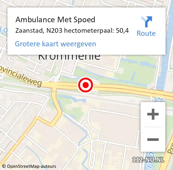 Locatie op kaart van de 112 melding: Ambulance Met Spoed Naar Zaanstad, N203 hectometerpaal: 50,4 op 11 augustus 2023 15:59