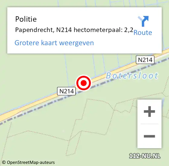 Locatie op kaart van de 112 melding: Politie Molenlanden, N214 hectometerpaal: 2,2 op 11 augustus 2023 17:47