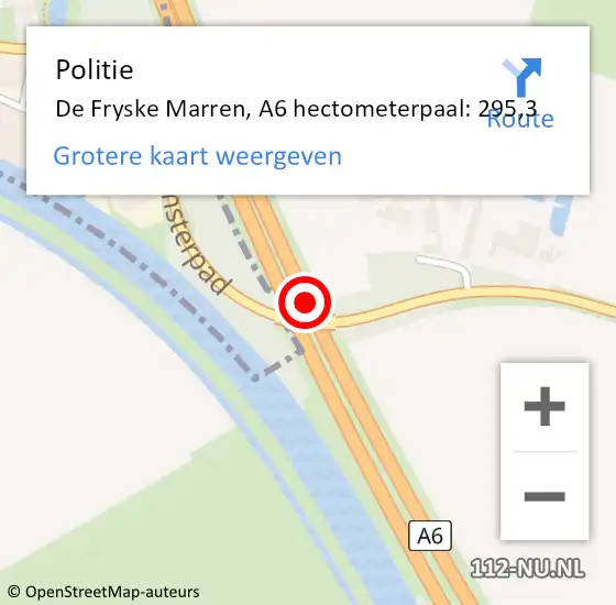 Locatie op kaart van de 112 melding: Politie De Fryske Marren, A6 hectometerpaal: 295,3 op 12 augustus 2023 11:38