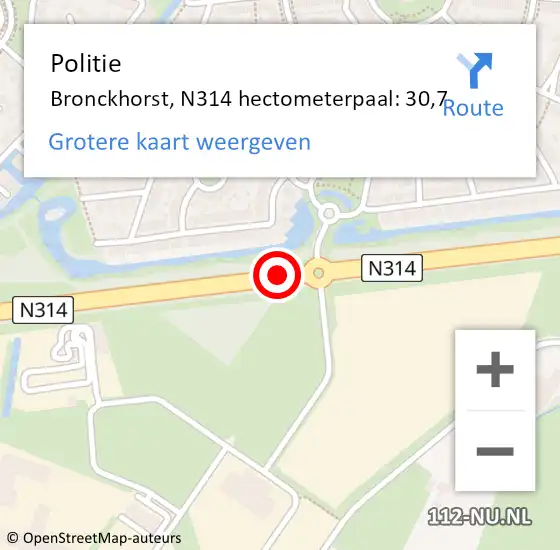 Locatie op kaart van de 112 melding: Politie Bronckhorst, N314 hectometerpaal: 30,7 op 12 augustus 2023 12:49