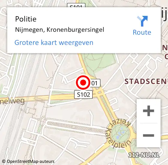 Locatie op kaart van de 112 melding: Politie Nijmegen, Kronenburgersingel op 13 augustus 2023 00:05
