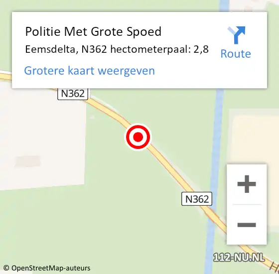 Locatie op kaart van de 112 melding: Politie Met Grote Spoed Naar Eemsdelta, N362 hectometerpaal: 2,8 op 13 augustus 2023 03:23