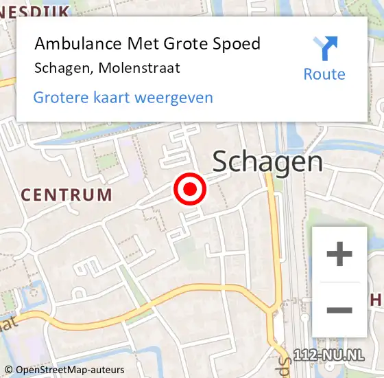 Locatie op kaart van de 112 melding: Ambulance Met Grote Spoed Naar Schagen, Molenstraat op 13 augustus 2023 04:48