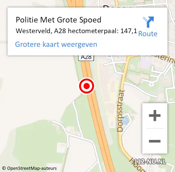 Locatie op kaart van de 112 melding: Politie Met Grote Spoed Naar Westerveld, A28 hectometerpaal: 147,1 op 13 augustus 2023 09:35