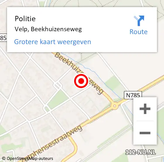 Locatie op kaart van de 112 melding: Politie Velp, Beekhuizenseweg op 13 augustus 2023 13:47