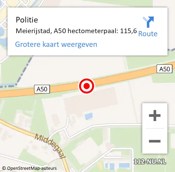 Locatie op kaart van de 112 melding: Politie Meierijstad, A50 hectometerpaal: 115,6 op 14 augustus 2023 00:00