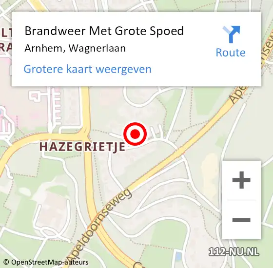 Locatie op kaart van de 112 melding: Brandweer Met Grote Spoed Naar Arnhem, Wagnerlaan op 14 augustus 2023 00:04