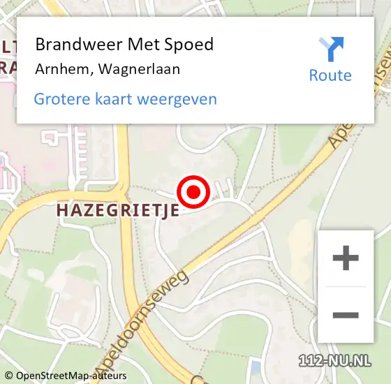 Locatie op kaart van de 112 melding: Brandweer Met Spoed Naar Arnhem, Wagnerlaan op 14 augustus 2023 00:56