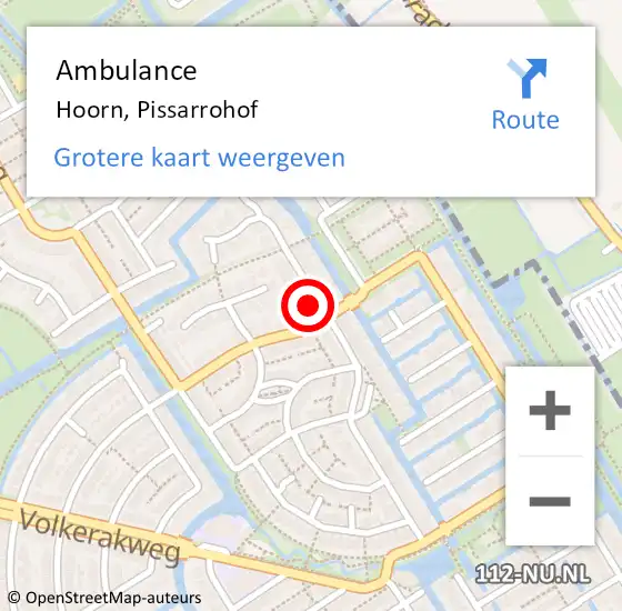 Locatie op kaart van de 112 melding: Ambulance Hoorn, Pissarrohof op 14 augustus 2023 04:44