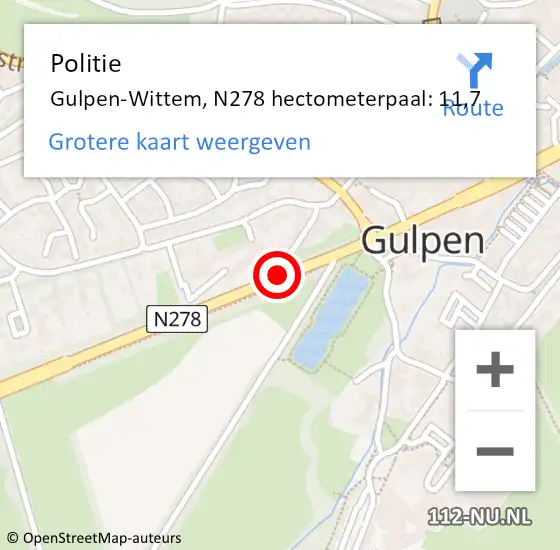 Locatie op kaart van de 112 melding: Politie Gulpen-Wittem, N278 hectometerpaal: 11,7 op 14 augustus 2023 12:00