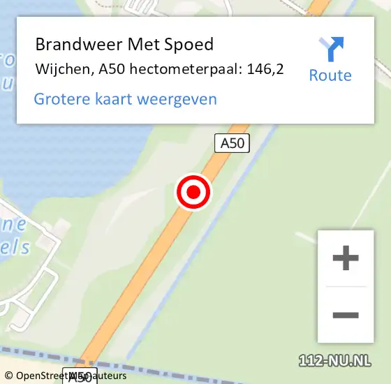 Locatie op kaart van de 112 melding: Brandweer Met Spoed Naar Wijchen, A50 hectometerpaal: 146,2 op 14 augustus 2023 13:34