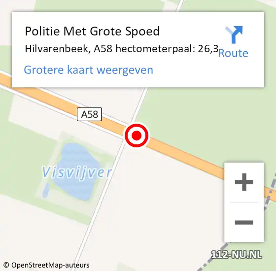 Locatie op kaart van de 112 melding: Politie Met Grote Spoed Naar Hilvarenbeek, A58 hectometerpaal: 26,3 op 15 augustus 2023 08:23